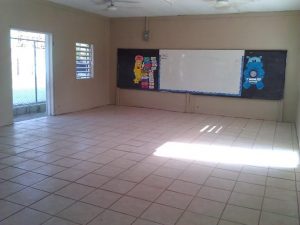 painted and tiled classroom